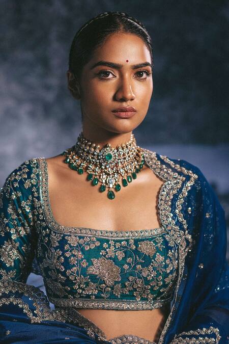 Anushree Reddy_Green Raw Silk And Organza Cutdana, Sequin & Thread Square Neck Bridal Lehenga Set_Online_at_Aza_Fashions