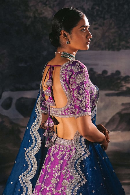 Anushree Reddy_Purple Raw Silk And Organza Cutdana, Sequin & Thread Square Bridal Lehenga Set_Online_at_Aza_Fashions