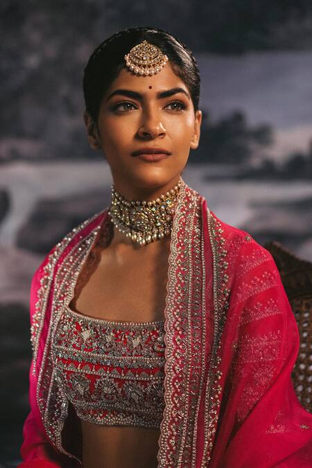 Anushree Reddy_Red Raw Silk And Organza Pearl & Cutdana Square Neck Bridal Lehenga Set_Online_at_Aza_Fashions