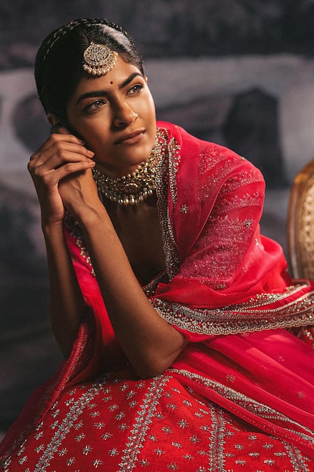 Buy_Anushree Reddy_Red Raw Silk And Organza Pearl & Cutdana Square Neck Bridal Lehenga Set_Online_at_Aza_Fashions