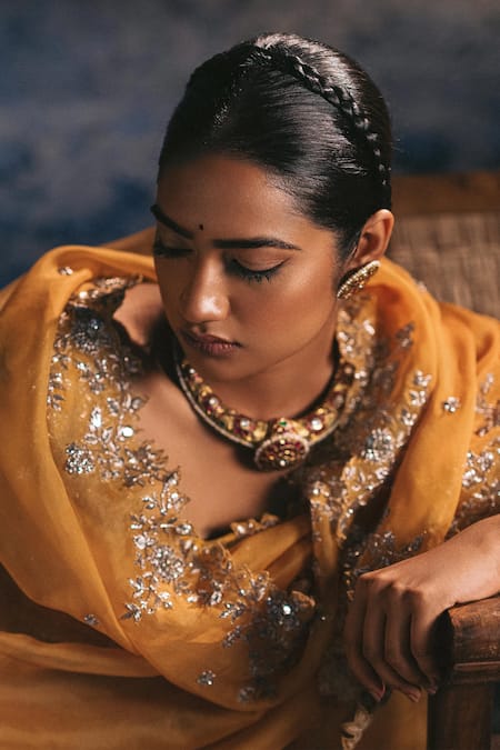 Anushree Reddy_Yellow Organza Zardozi Square Neck Bridal Lehenga Set_Online_at_Aza_Fashions