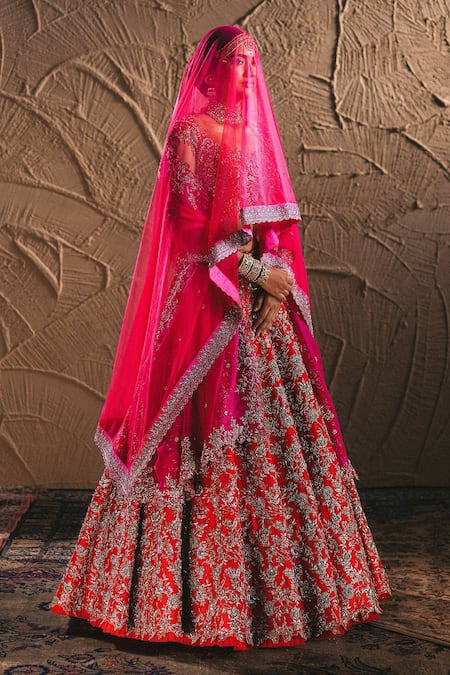 Shop_Anushree Reddy_Red Organza Zardozi Square Neck Bridal Lehenga Set _at_Aza_Fashions