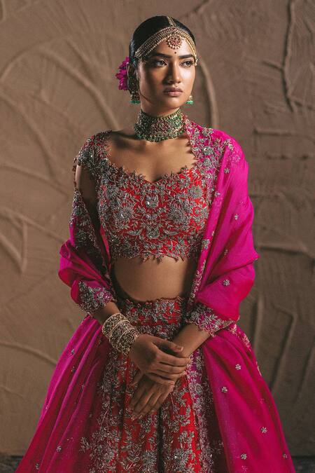 Anushree Reddy_Red Organza Zardozi Square Neck Bridal Lehenga Set _Online_at_Aza_Fashions