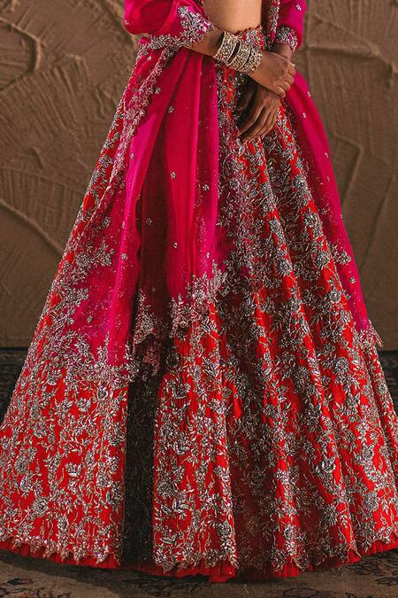 Buy_Anushree Reddy_Red Organza Zardozi Square Neck Bridal Lehenga Set _Online_at_Aza_Fashions