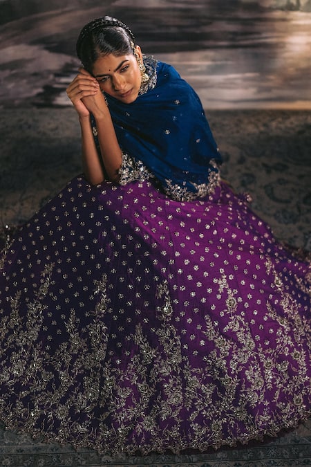 Anushree Reddy_Purple Raw Silk And Organza Zardozi V Neck Bridal Lehenga Set_Online_at_Aza_Fashions