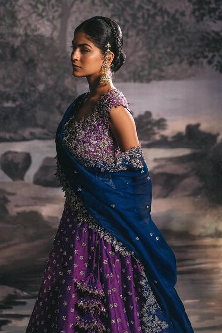 Buy_Anushree Reddy_Purple Raw Silk And Organza Zardozi V Neck Bridal Lehenga Set_Online_at_Aza_Fashions