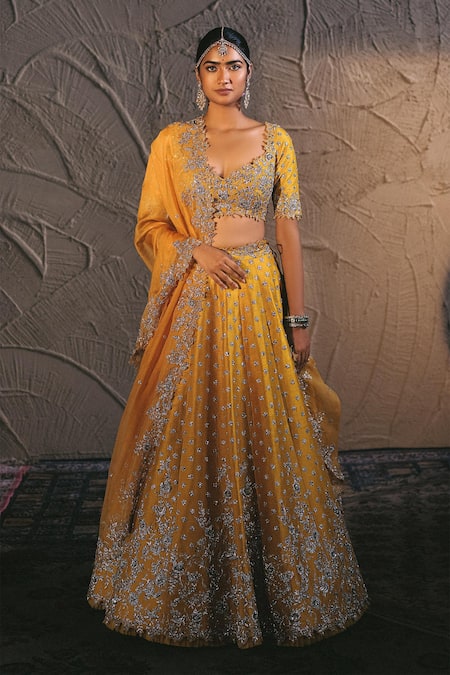 Anushree Reddy Yellow Raw Silk And Organza Embroidery Zardozi V Neck Bridal Lehenga Set For Women