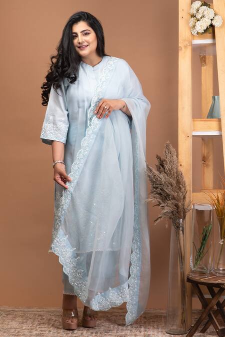 Buy Anushka Repswal - Sewing Love Blue Dupatta Organza, Kurta Chanderi, Pant Cotton Geometric, Embroidered Set Online at Aza Fashions Buy_Anushka Repswal - Sewing Love_Blue Dupatta Organza, Kurta Chanderi, Pant Cotton Geometric, Embroidered Set _Online_at_Aza_Fashions