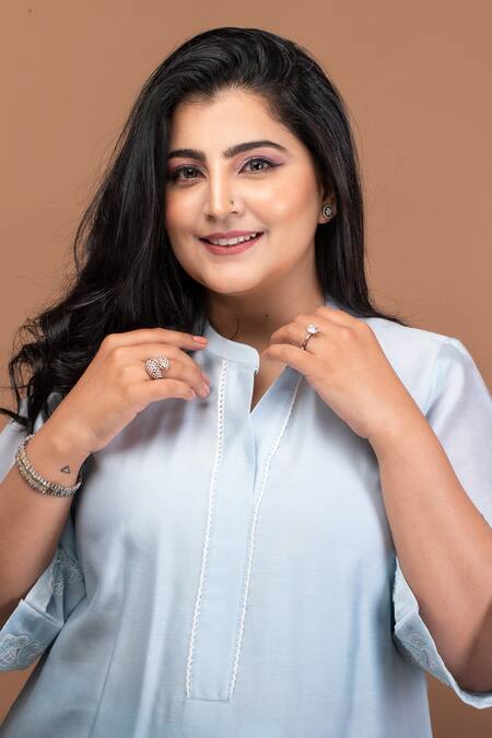 Shop Anushka Repswal - Sewing Love Blue Dupatta Organza, Kurta Chanderi, Pant Cotton Geometric, Embroidered Set Online at Aza Fashions Shop_Anushka Repswal - Sewing Love_Blue Dupatta Organza, Kurta Chanderi, Pant Cotton Geometric, Embroidered Set _Online_at_Aza_Fashions