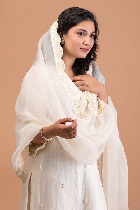 Anushka Repswal - Sewing Love_Ivory Dupatta Organza, Kurta Malai Chanderi, Pant Cotton Embroidered Set _at_Aza_Fashions