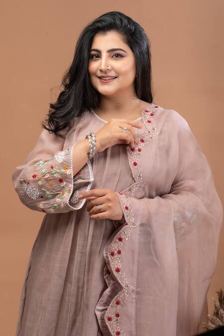 Shop_Anushka Repswal - Sewing Love_Brown Dupatta Organza, Kurta Malai Chanderi, Pant Sleeve Embroidered Set _Online_at_Aza_Fashions