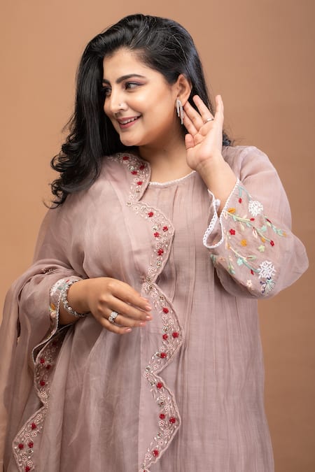 Anushka Repswal - Sewing Love_Brown Dupatta Organza, Kurta Malai Chanderi, Pant Sleeve Embroidered Set _at_Aza_Fashions