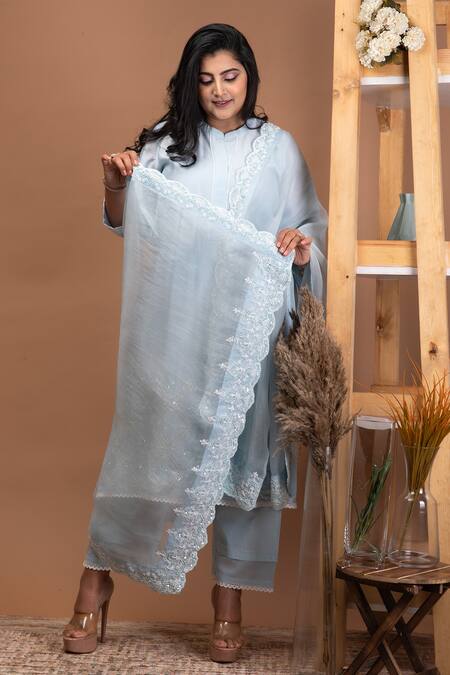 Anushka Repswal - Sewing Love Blue Dupatta Organza, Kurta Chanderi, Pant Cotton Geometric, Embroidered Set Online at Aza Fashions Anushka Repswal - Sewing Love_Blue Dupatta Organza, Kurta Chanderi, Pant Cotton Geometric, Embroidered Set _Online_at_Aza_Fashions