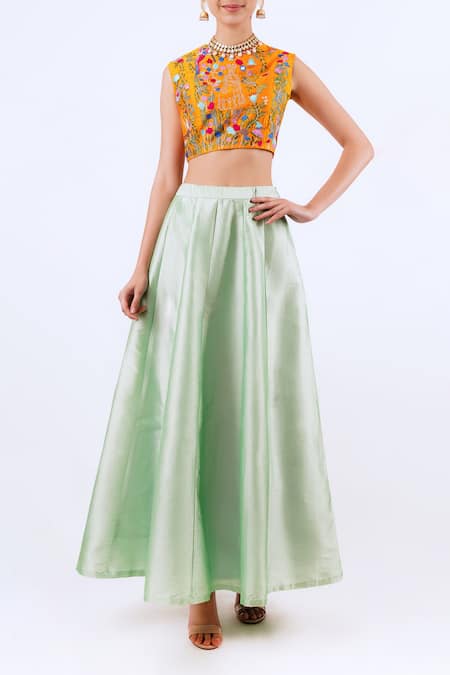 AHARIN INDIA Embroidered Silk Blouse & Lehenga Set 