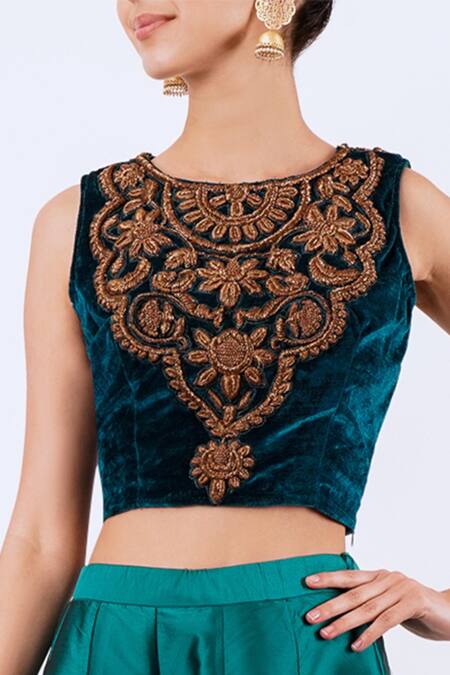 Aharin India Green Velvet, Taffeta Round Embroidered Blouse And Lehenga Set at Aza Fashions Aharin India_Green Velvet, Taffeta Round Embroidered Blouse And Lehenga Set_at_Aza_Fashions