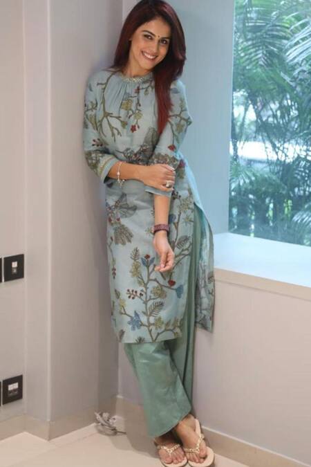 Archana Jaju_Blue Chanderi Round Kurta Set_Online_at_Aza_Fashions