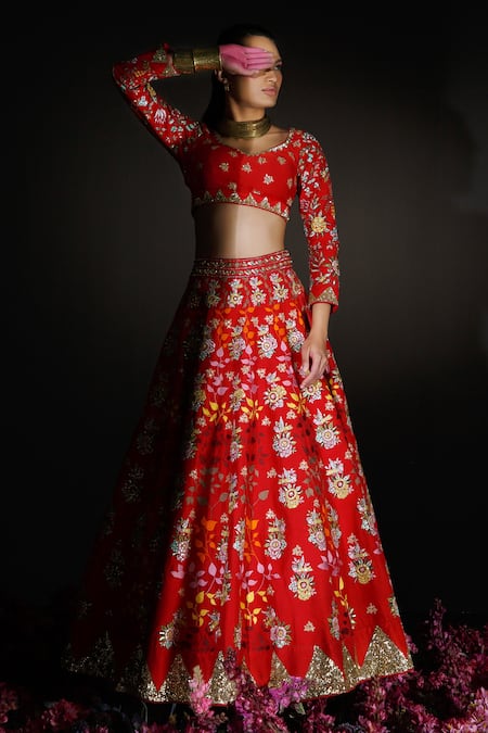 Ahanthem By Reena_Red Raw Silk Sequin, Thread Work V Neck Floral Embroidered Bridal Lehenga Set_Online_at_Aza_Fashions