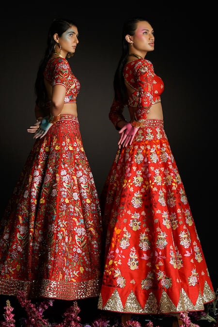 Buy_Ahanthem By Reena_Red Raw Silk Sequin, Thread Work V Neck Floral Embroidered Bridal Lehenga Set_Online_at_Aza_Fashions