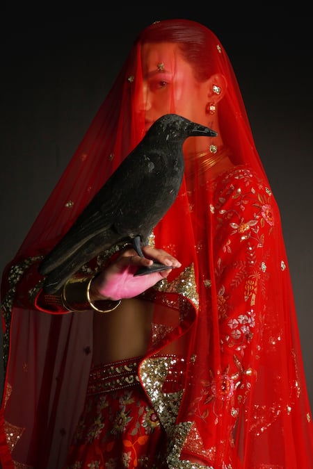 Buy_Ahanthem By Reena_Red Raw Silk Sequin, Thread Work V Neck Floral Embroidered Bridal Lehenga Set