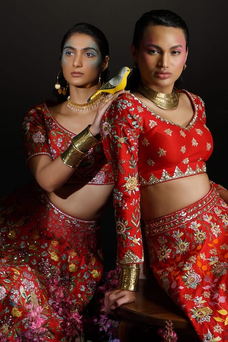 Shop_Ahanthem By Reena_Red Raw Silk Sequin, Thread Work V Neck Floral Embroidered Bridal Lehenga Set