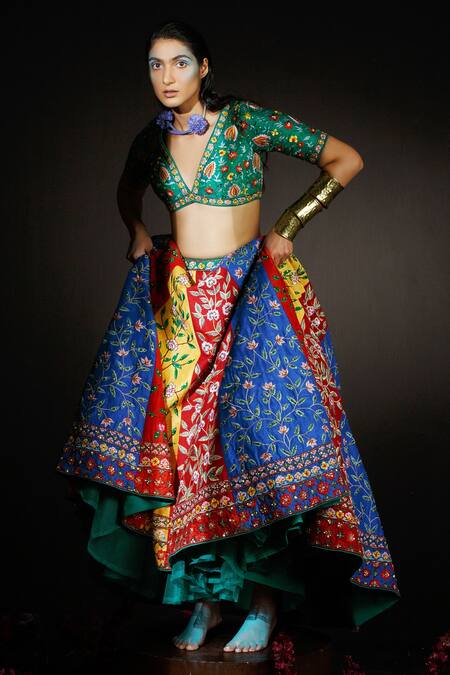 Ahanthem By Reena_Multi Color Raw Silk Sequin, Thread Work Floral Embroidered Bridal Lehenga Set_Online_at_Aza_Fashions