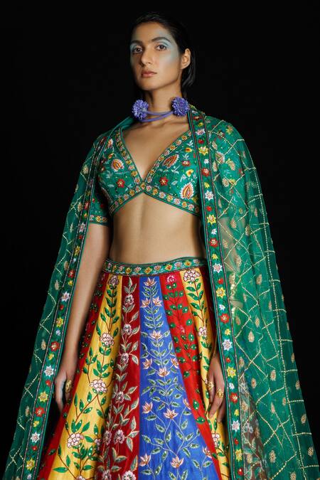 Buy_Ahanthem By Reena_Multi Color Raw Silk Sequin, Thread Work Floral Embroidered Bridal Lehenga Set_Online_at_Aza_Fashions