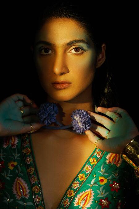 Ahanthem By Reena_Multi Color Raw Silk Sequin, Thread Work Floral Embroidered Bridal Lehenga Set_at_Aza_Fashions