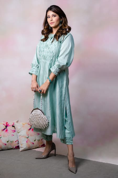 Anushka Repswal - Sewing Love Green Kurta Chanderi Embroidery Floral Round And Pant Set 