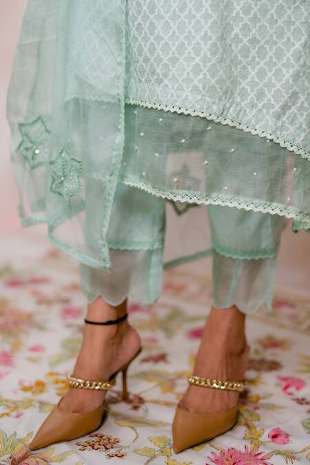 Buy Anushka Repswal - Sewing Love Green Dupatta Organza, Kurta Woven Chanderi, Pant Cotton Pearl, Moroccan Set Online at Aza Fashions Buy_Anushka Repswal - Sewing Love_Green Dupatta Organza, Kurta Woven Chanderi, Pant Cotton Pearl, Moroccan Set _Online_at_Aza_Fashions