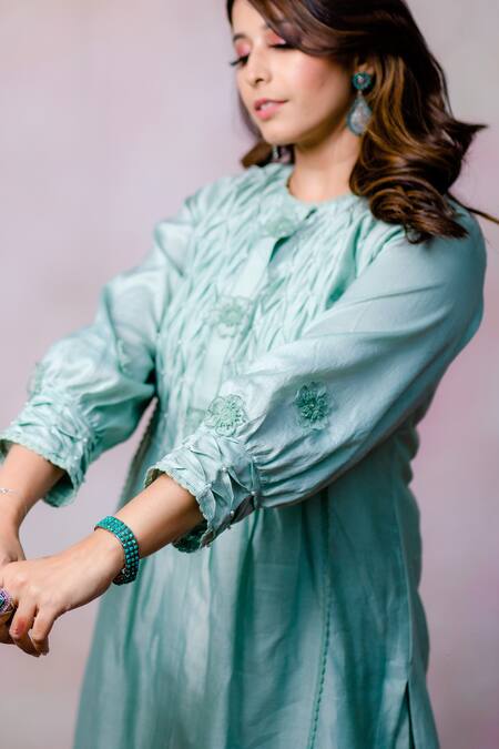 Buy Anushka Repswal - Sewing Love Green Kurta Chanderi, Pant And Inner Cotton Floral Round & Set Online at Aza Fashions Buy_Anushka Repswal - Sewing Love_Green Kurta Chanderi, Pant And Inner Cotton Floral Round & Set _Online_at_Aza_Fashions