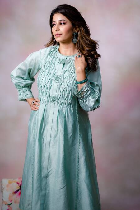 Shop Anushka Repswal - Sewing Love Green Kurta Chanderi, Pant And Inner Cotton Floral Round & Set Online at Aza Fashions Shop_Anushka Repswal - Sewing Love_Green Kurta Chanderi, Pant And Inner Cotton Floral Round & Set _Online_at_Aza_Fashions