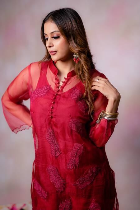 Anushka Repswal - Sewing Love Maroon Inner Shantoon, Kurta Organza, Pant Cotton Lycra Embroidered And Set Online at Aza Fashions Anushka Repswal - Sewing Love_Maroon Inner Shantoon, Kurta Organza, Pant Cotton Lycra Embroidered And Set _Online_at_Aza_Fashions
