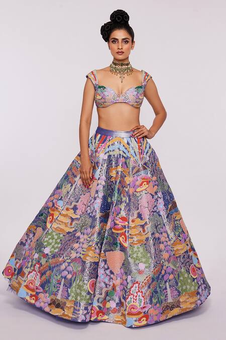 Buy_Aisha Rao_Blue Tissue Divergence Sweetheart Neck Applique Lehenga Set _Online_at_Aza_Fashions