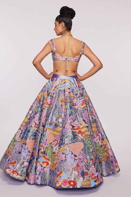 Aisha Rao_Blue Tissue Divergence Sweetheart Neck Applique Lehenga Set _Online_at_Aza_Fashions