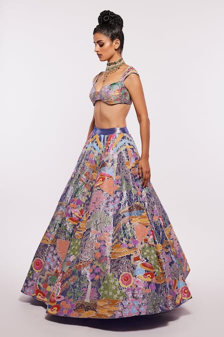 Shop_Aisha Rao_Blue Tissue Divergence Sweetheart Neck Applique Lehenga Set _Online_at_Aza_Fashions