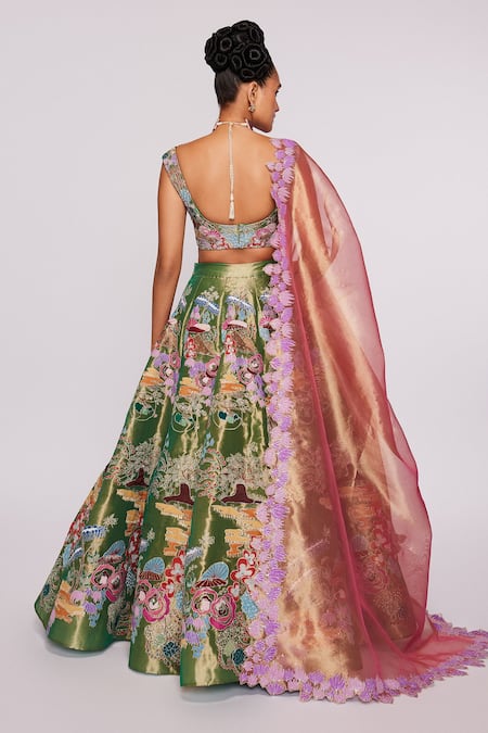 Shop_Aisha Rao_Green Tissue Divergence Sweetheart Neck Applique Lehenga Set _at_Aza_Fashions