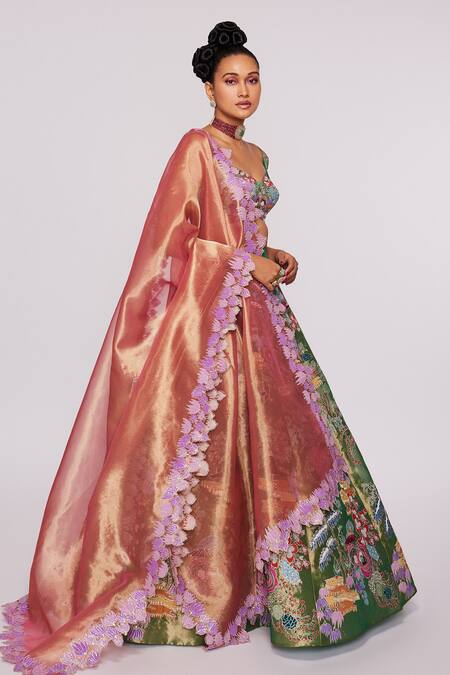 Aisha Rao_Green Tissue Divergence Sweetheart Neck Applique Lehenga Set _Online_at_Aza_Fashions