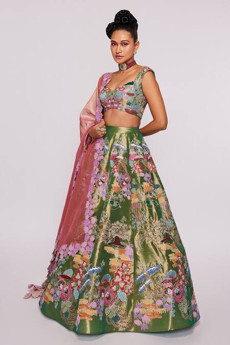 Buy_Aisha Rao_Green Tissue Divergence Sweetheart Neck Applique Lehenga Set _Online_at_Aza_Fashions