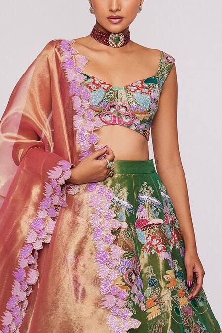 Shop_Aisha Rao_Green Tissue Divergence Sweetheart Neck Applique Lehenga Set _Online_at_Aza_Fashions