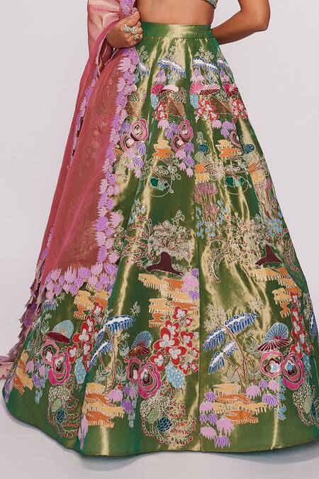 Aisha Rao_Green Tissue Divergence Sweetheart Neck Applique Lehenga Set _at_Aza_Fashions