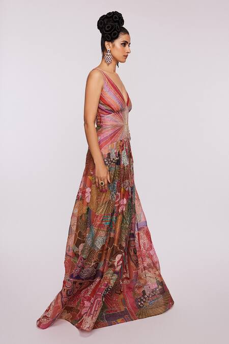 Shop_Aisha Rao_Pink Indian Organza Divergence Plunge V Neck Print Gown _at_Aza_Fashions