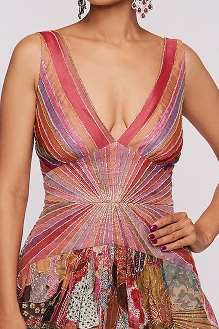 Aisha Rao_Pink Indian Organza Divergence Plunge V Neck Print Gown _Online_at_Aza_Fashions