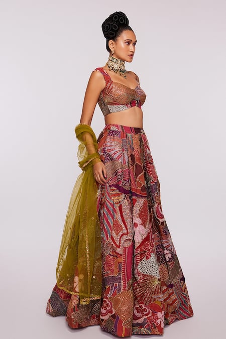 Aisha Rao_Pink Net, Indian Organza Divergence Sweetheart Neck Print Skirt Set _Online_at_Aza_Fashions