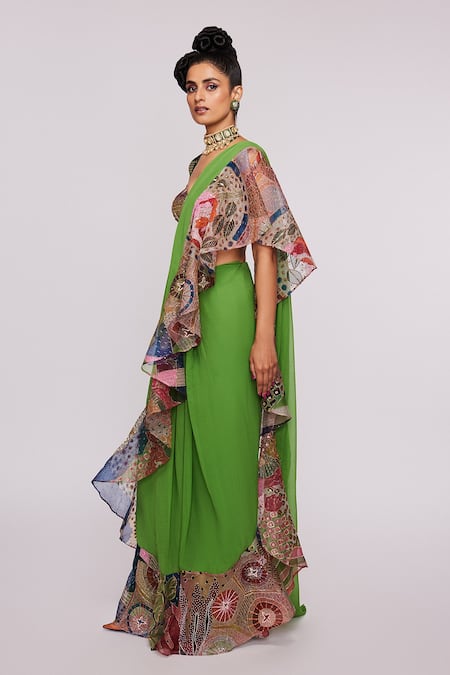 Aisha Rao Green Indian Organza Embroidered Divergence Print Ruffle Saree Set  