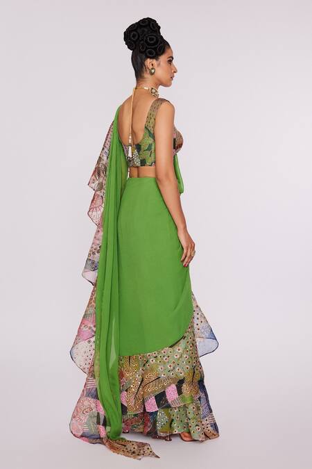Aisha Rao_Green Indian Organza Divergence Vase Print Ruffle Saree Set _Online_at_Aza_Fashions