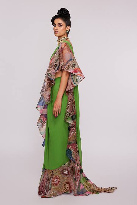 Buy_Aisha Rao_Green Indian Organza Divergence Vase Print Ruffle Saree Set _Online_at_Aza_Fashions
