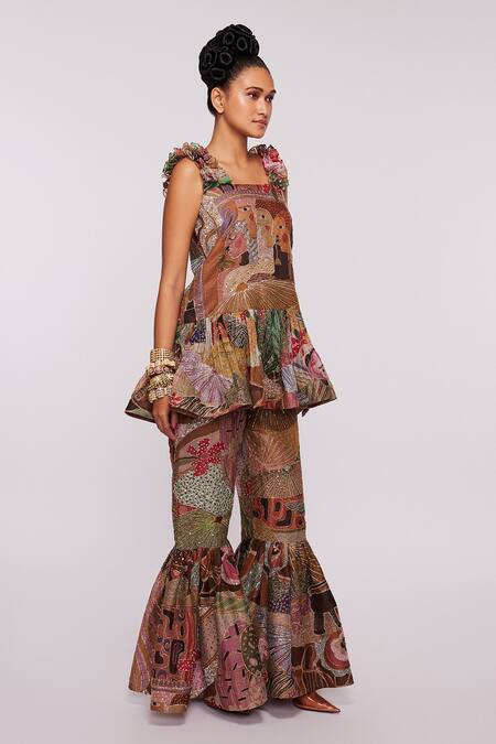 Aisha Rao_Yellow Indian Organza Divergence Square Neck Print Ruffle Tunic Sharara Set _Online_at_Aza_Fashions