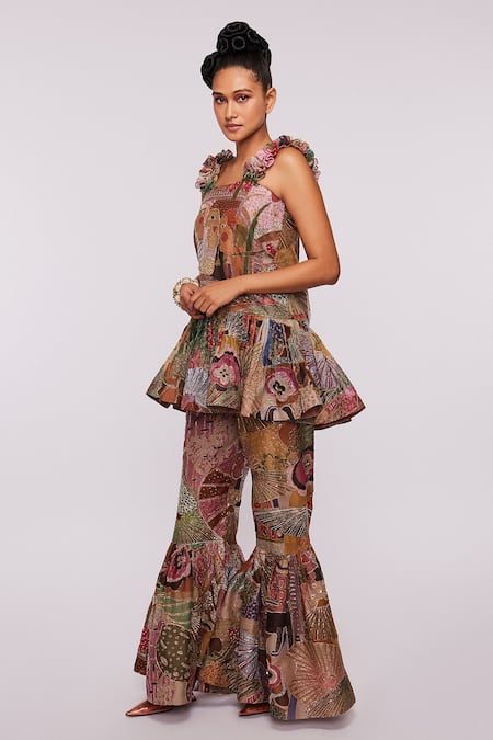 Buy_Aisha Rao_Yellow Indian Organza Divergence Square Neck Print Ruffle Tunic Sharara Set _Online_at_Aza_Fashions