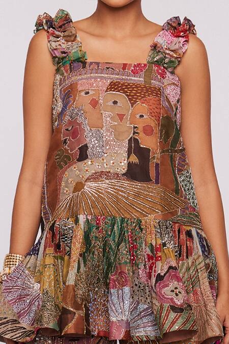 Shop_Aisha Rao_Yellow Indian Organza Divergence Square Neck Print Ruffle Tunic Sharara Set _Online_at_Aza_Fashions