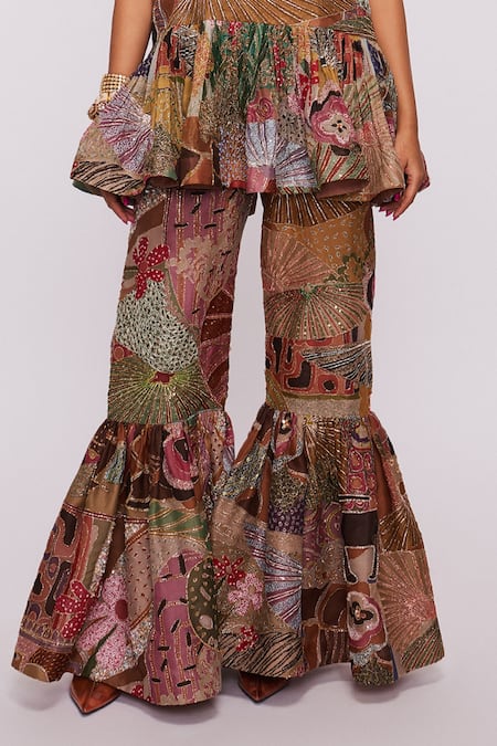 Aisha Rao_Yellow Indian Organza Divergence Square Neck Print Ruffle Tunic Sharara Set _at_Aza_Fashions